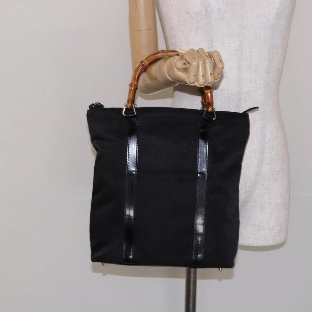 GUCCI Bamboo Tote Bag Nylon Black Silver